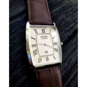 RARE NOS Seiko Men Barrel Tank White Roman Dial Brown Leather band Dress…